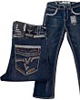 Men's dark blue modern boot cut jeans featuring intricate embroidery on the back pockets, contrast stitching, and a timeless denim finish by Lamasini.