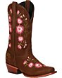 Botas Rodeo Para Dama Color Camel con bordado de flores color Rosa en toda la bota.