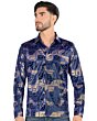 Montero 0799 camisa azul rey de manga larga para hombre con patrón geométrico en azul y dorado