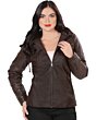 A woman wearing a Danesi 4040 brown faux leather jacket with a detachable hoodie.