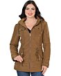 Front view of the Danesi 4044 Camel Women's Hooded Jacket featuring multiple pockets and a drawstring waist.