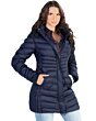 Woman modeling front view of Danesi 4048 Navy Puffer Coat, hands in pockets.