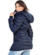 Woman showing back view of Danesi 4048 Navy Puffer Coat with adjustable hood.