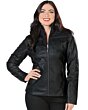 Front view of a woman in a black faux leather jacket with quilted details and a sleek fit.
