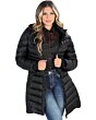 A model wearing the Danesi 4048 Black Puffer Coat with hood, front view.