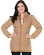 Front view of a woman wearing a beige quilted jacket