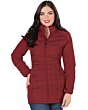 Front view of a woman wearing a burgundy long quilted jacket with a zipper