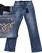 Men’s modern-fit light blue jeans with bold geometric embroidery on back pockets, Montero 4623.