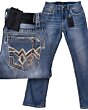 Men’s modern-fit light blue jeans with bold geometric embroidery on back pockets, Montero 4623.