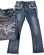 Jeans corte bota en azul medio para caballero con bordado detallado en el bolsillo trasero y costuras en contraste