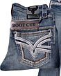 Detalle del bordado en el bolsillo trasero de los jeans Lamasini 12101 con costuras en contraste blanco y dorado