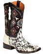 Men's Mexican cowboy boots in white and brown cow leather with hair, featuring a Rodeo toe, rubber outsole, and leather lining, model El General 44862.