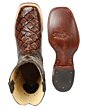 Vista superior y suela de botas vaqueras para hombre en piel imitación Monster Fish marrón con horma bulldog y suela de cuero, modelo ESDLC 44931.