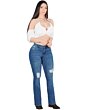 Full-body image of the model in Danesi D801 light blue boot-cut jeans.