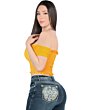 Back view of a woman wearing Danesi D827 dark blue boot cut jeans with cross-stitch embroidery on pockets.