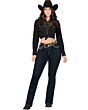 Danesi D835 Dark Blue Boot Cut jeans with embroidered back pocket details worn by a woman in a black top and cowboy hat.