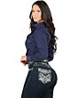 Side view of a woman showcasing the embroidered details of Danesi D838 Dark Blue Boot Cut jeans.