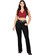 Women in Danesi D842 black boot-cut jeans with back pocket embroidery and a red crop top.