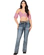 Full body view of model wearing Danesi D844 Medium Blue Boot Cut Jeans.
