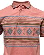 Close-up of the intricate Aztec geometric design on the Lamasini 28219 salmon polo shirt, showcasing brown, turquoise, and gray details.