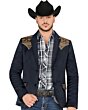 Hombre con saco Montero 2181 color azul marino con bordado dorado en los hombros y bolsillos, combinado con sombrero vaquero y camisa a cuadros.