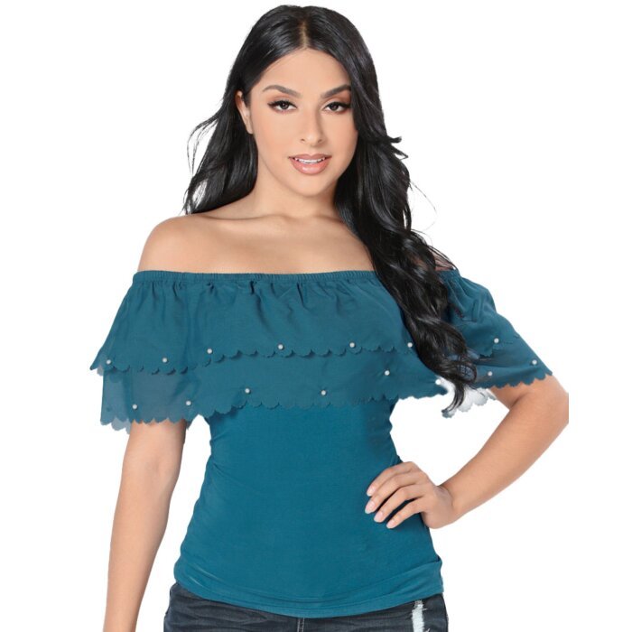 Blusa Campesina Teal Lisa Con Olan Lamasini 5730