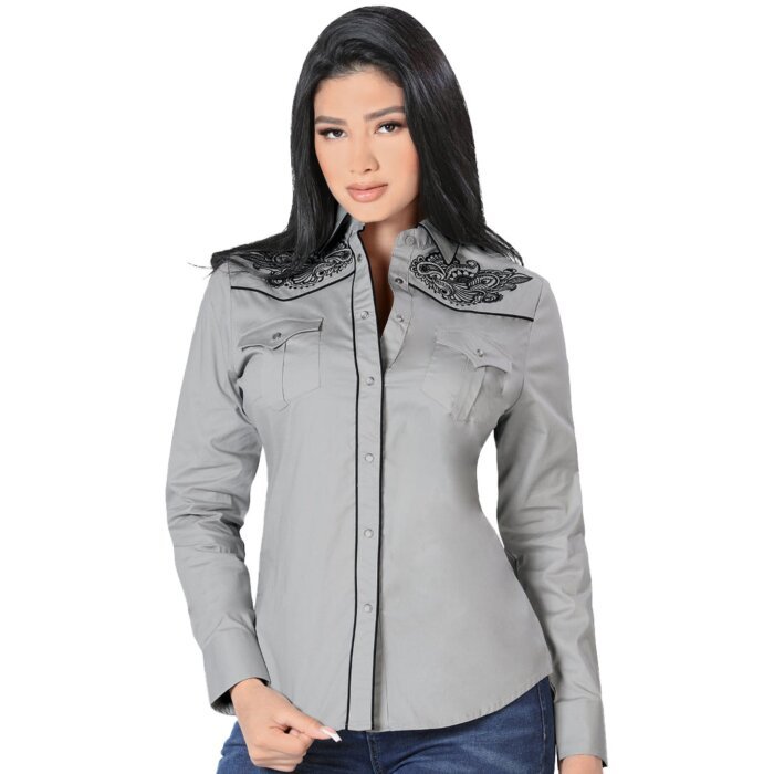 Blusa Vaquera Gris Bordado Negro Lamasini 2316