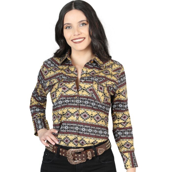 Camisa Vaquera Para Mujer Amarilla Estampada De Algodón 44406