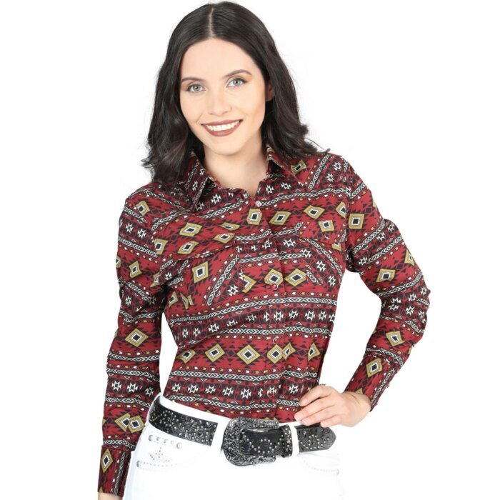 Camisa Vaquera Para Mujer Burgundy Estampada De Algodón 44407