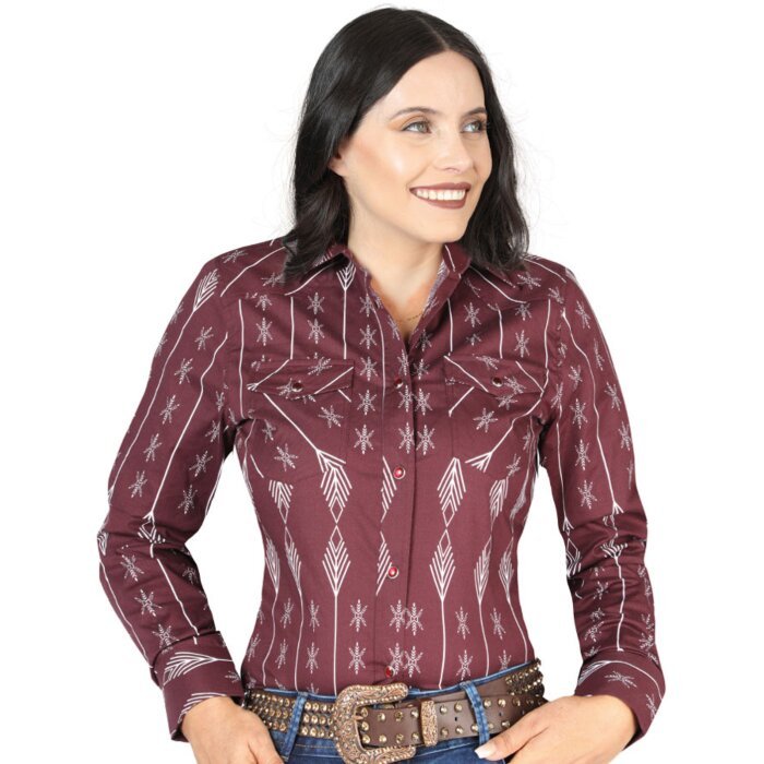 Camisa Vaquera Para Mujer Estampada Burgundy De Algodón 44438