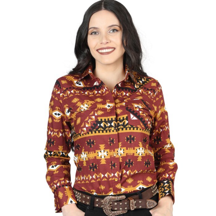 Camisa Vaquera Color Ladrillo De Mujer Snap Bottom 44424