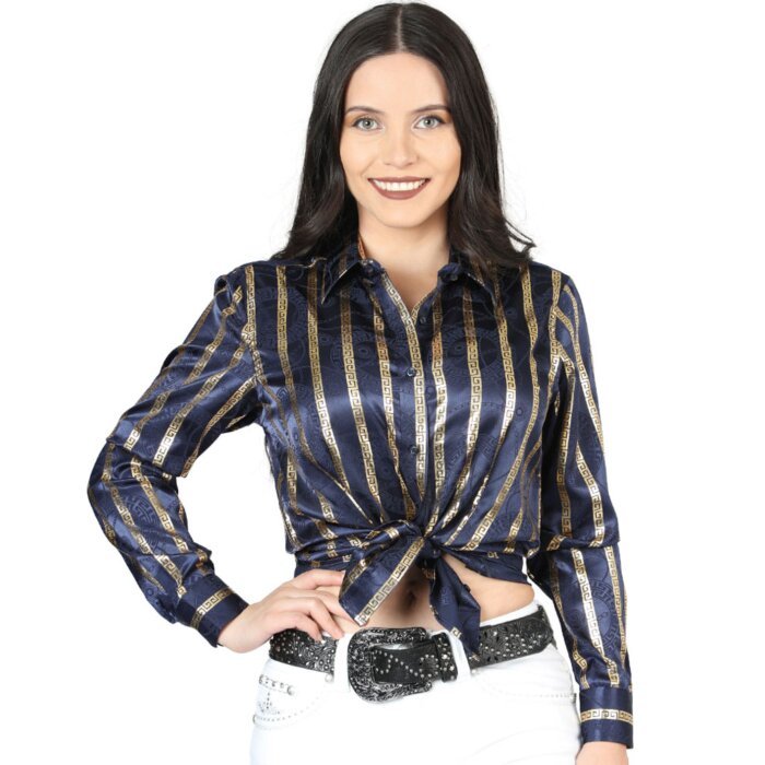 Blusa Con Líneas De Grecas Doradas Color Navy 44562