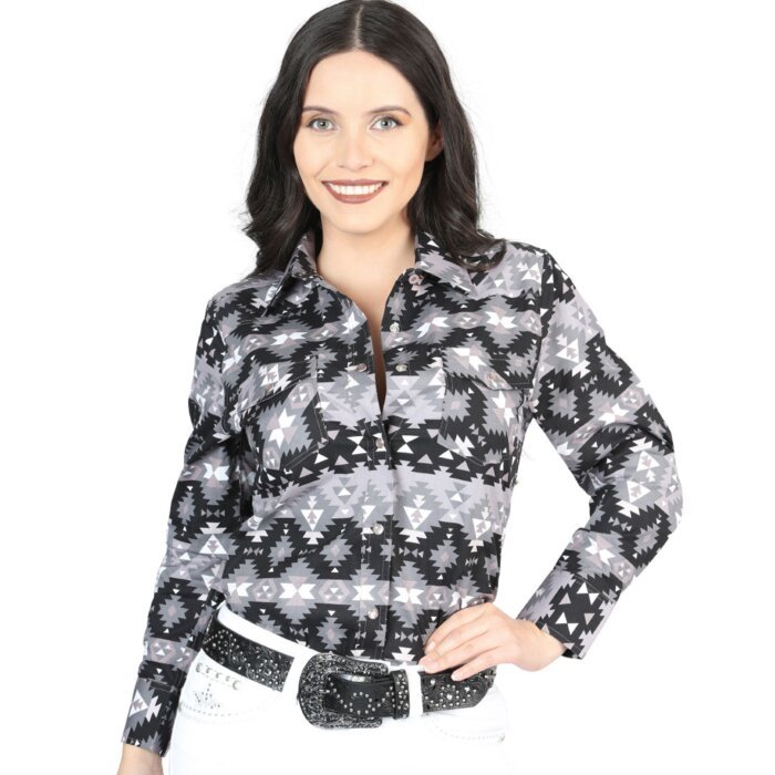 Camisa Vaquera De Mujer Snap Bottom Color Negro-Gris 44409