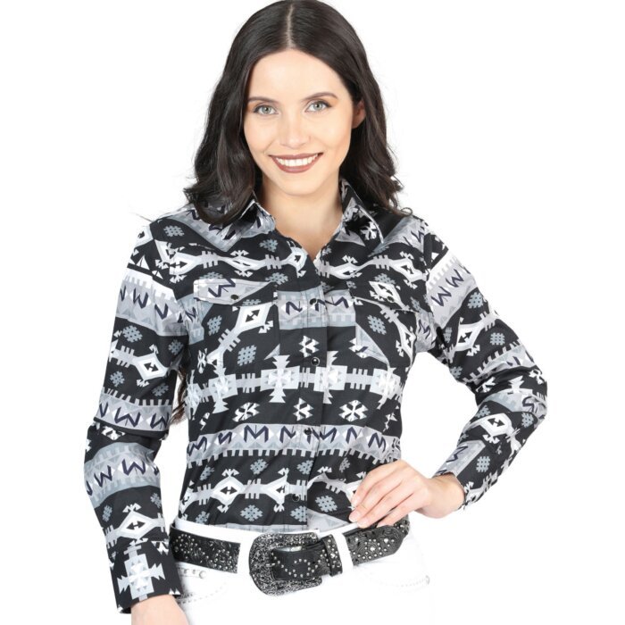 Camisa Vaquera Negra Con Blanco De Mujer Snap Bottom 44423