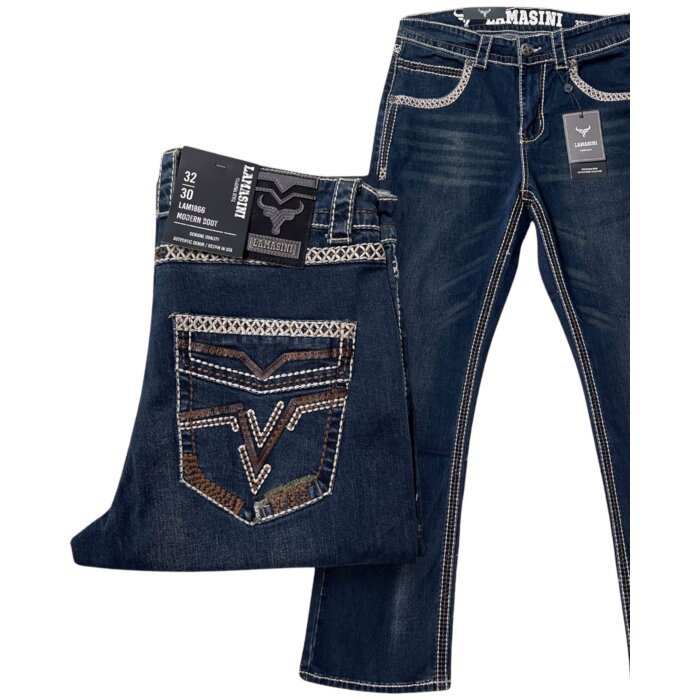 Men's dark blue modern boot cut jeans featuring intricate embroidery on the back pockets, contrast stitching, and a timeless denim finish by Lamasini.