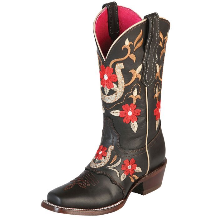 Bota Rodeo Negra de Mujer Herraduras y Flores Rojas Bordadas 51139