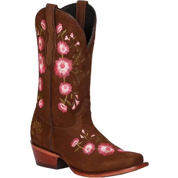Botas Rodeo Para Dama Color Camel con bordado de flores color Rosa en toda la bota.