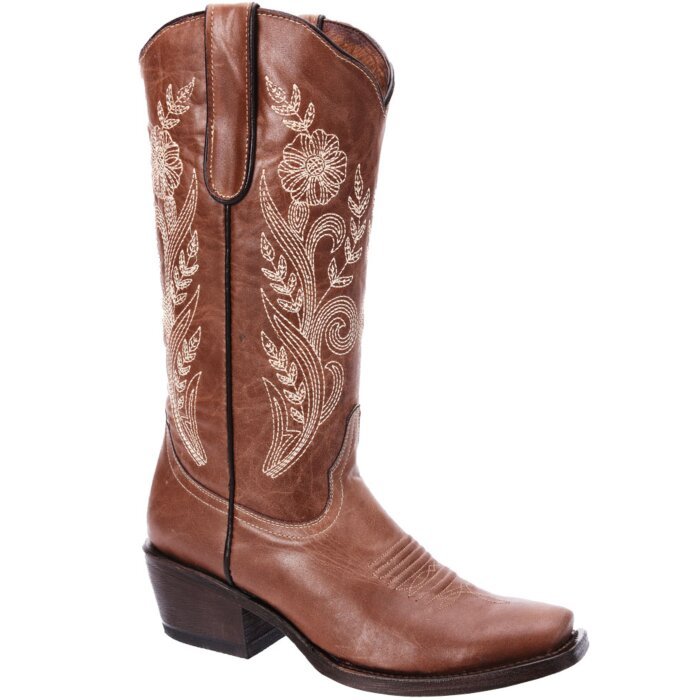 Bota Rodeo Color Café Claro Para Mujer Flor En Tubo WD 11-514
