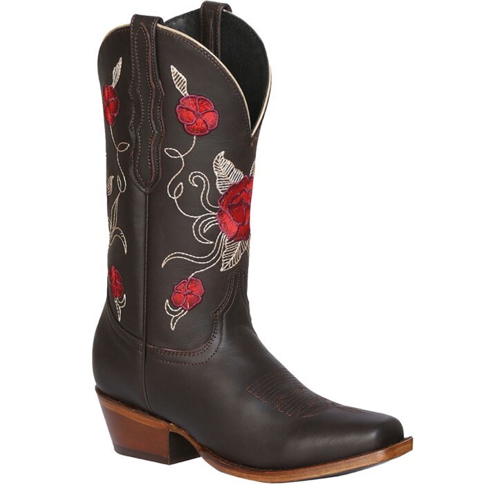 Botas Vaqueras Para Mujer El General 41785 Rodeo Color Canela Flores Rojas Bordadas
