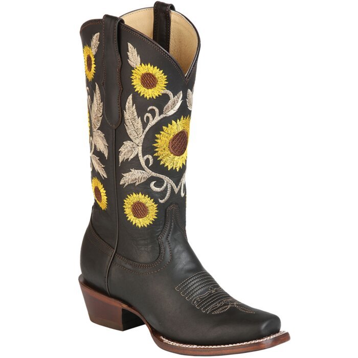 Bota Rodeo De Mujer Piel Crazy Color Chocolate Girasoles Bordados Centenario 125773