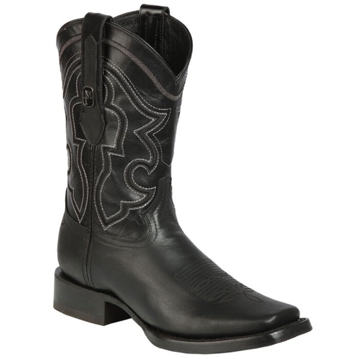 Botas de rodeo Montero TX-SHD-6 para hombre en piel negra con punta cuadrada y suela de hule, hechas en México