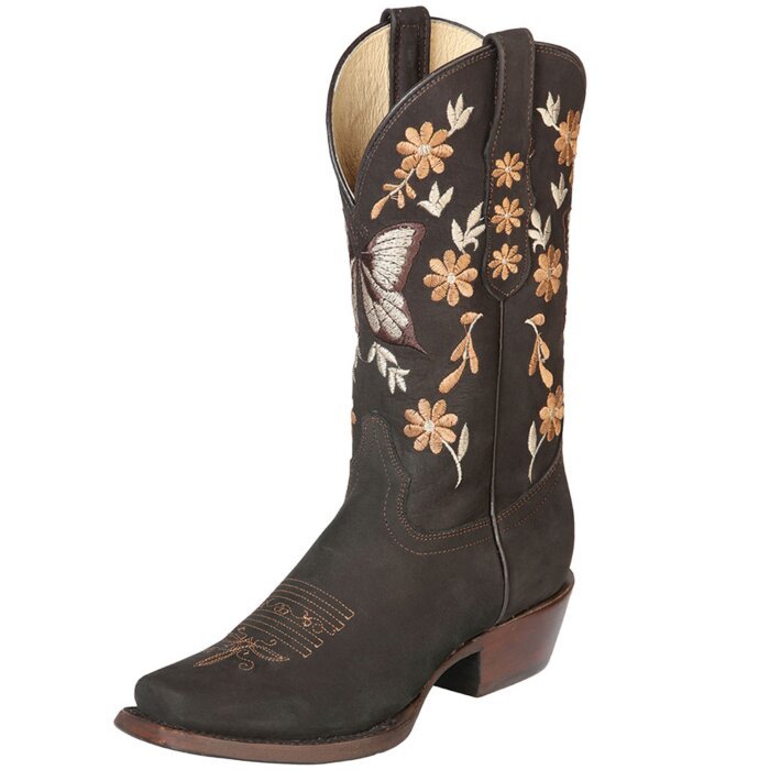 Bota Rodeo De Mujer Color Café Nobuck Bordada Flores 51218