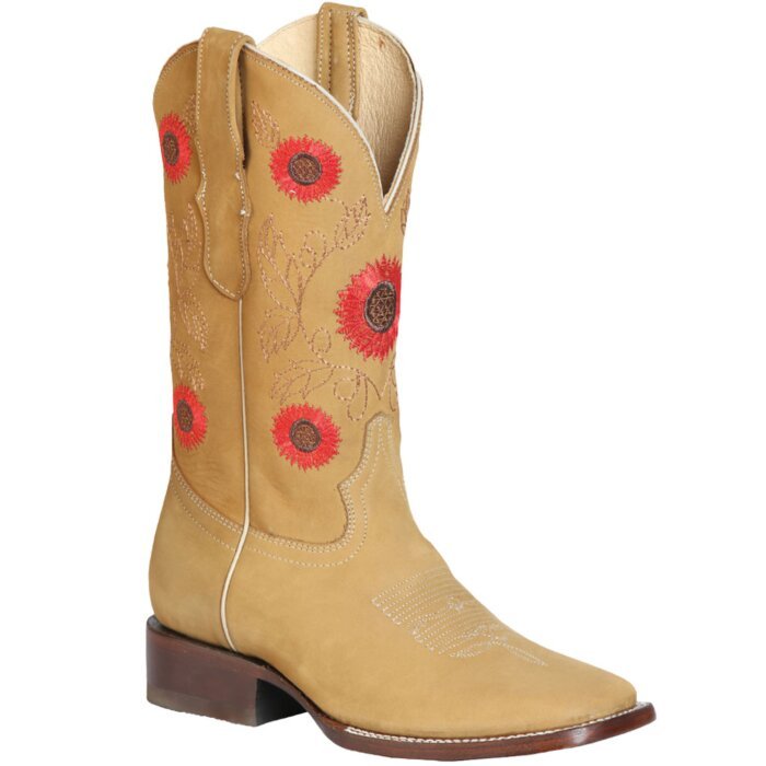 Bota Rodeo Texas Para Mujer El General 51125 Color Miel Con Flores Rojas Bordadas