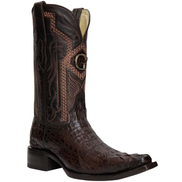 El General 45082 cowboy boots in Hornback Caiman leather, brown color, with Versace toe design.