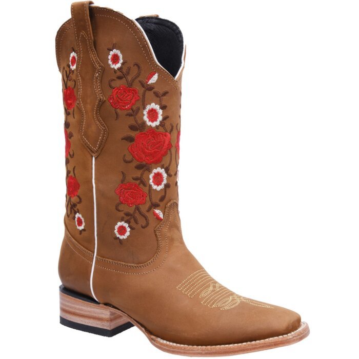 Bota Vaquera Para Mujer Color Topo Con Rosas Rojas WD 11-493