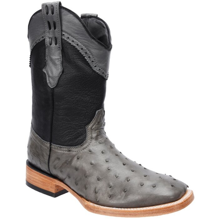 Botas de piel de avestruz gris para hombre con punta cuadrada, estilo rodeo americano, y suela de cuero duradera por White Diamonds.