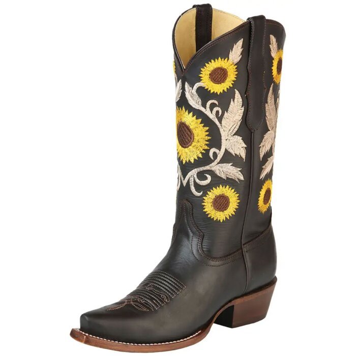 Botas Vaqueras Retro Para Mujer Color Chocolate Girasoles Bordados 125777
