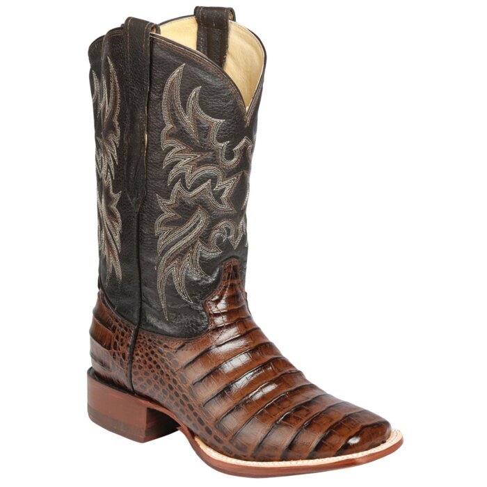 Side View of Men's Caiman Belly Print Western Boots in Brown, Bulldog Toe