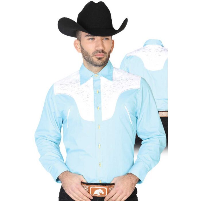 CAMISA CHARRA ANTE/BORDADA EL GENERAL 2019-130 COLOR AZUL CLARO