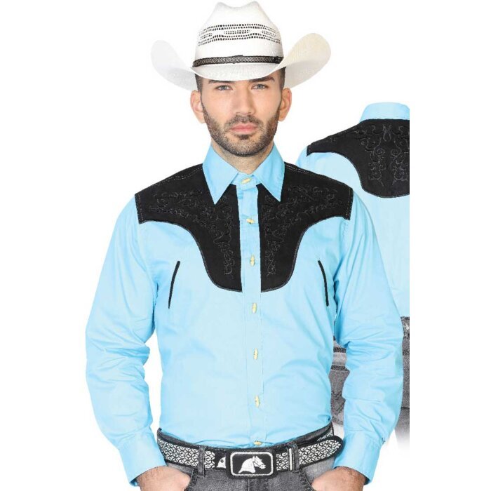 CAMISA CHARRA ANTE/BORDADA EL GENERAL 2019-130 COLOR AZUL